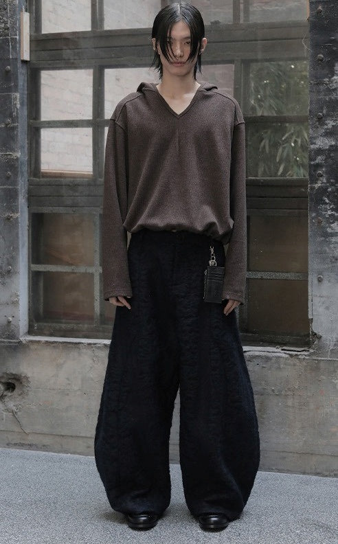 Embossed Sculptural Wide Curved-Leg Textured Pants [ID:0286PA]