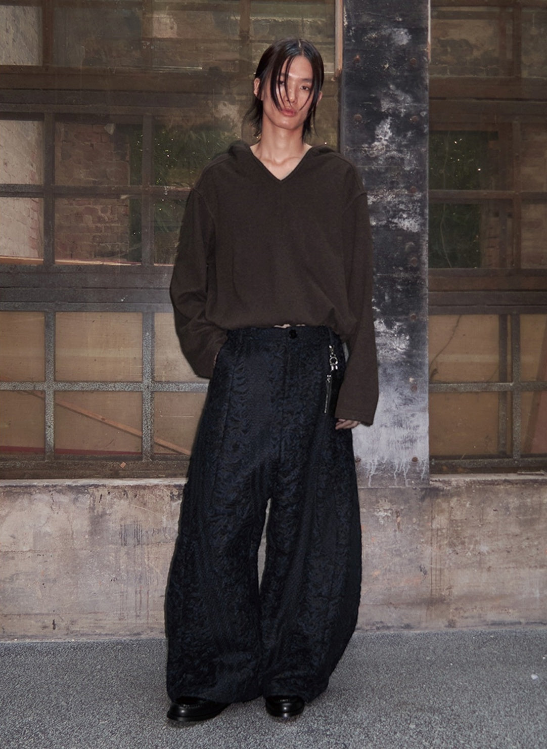 Embossed Sculptural Wide Curved-Leg Textured Pants [ID:0286PA]