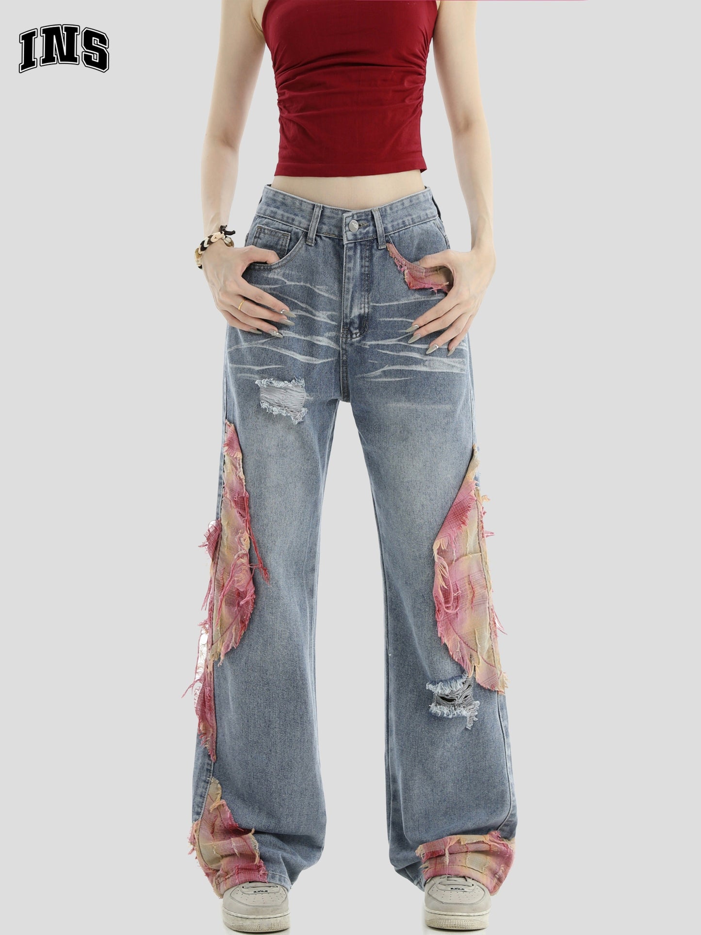 Patchwork Loose Straight-Leg Denim Pants [ID:0290PA]