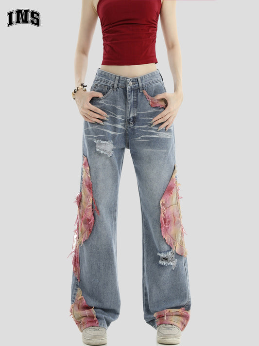 Patchwork Loose Straight-Leg Denim Pants [ID:0290PA]