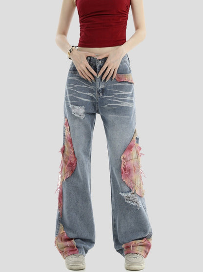 Patchwork Loose Straight-Leg Denim Pants [ID:0290PA]