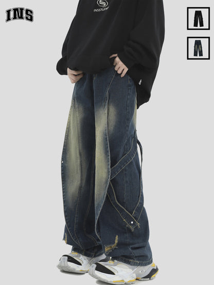 Vintage Wash Patchwork Design Relaxed Straight Denim Pants [ID:0295PA]