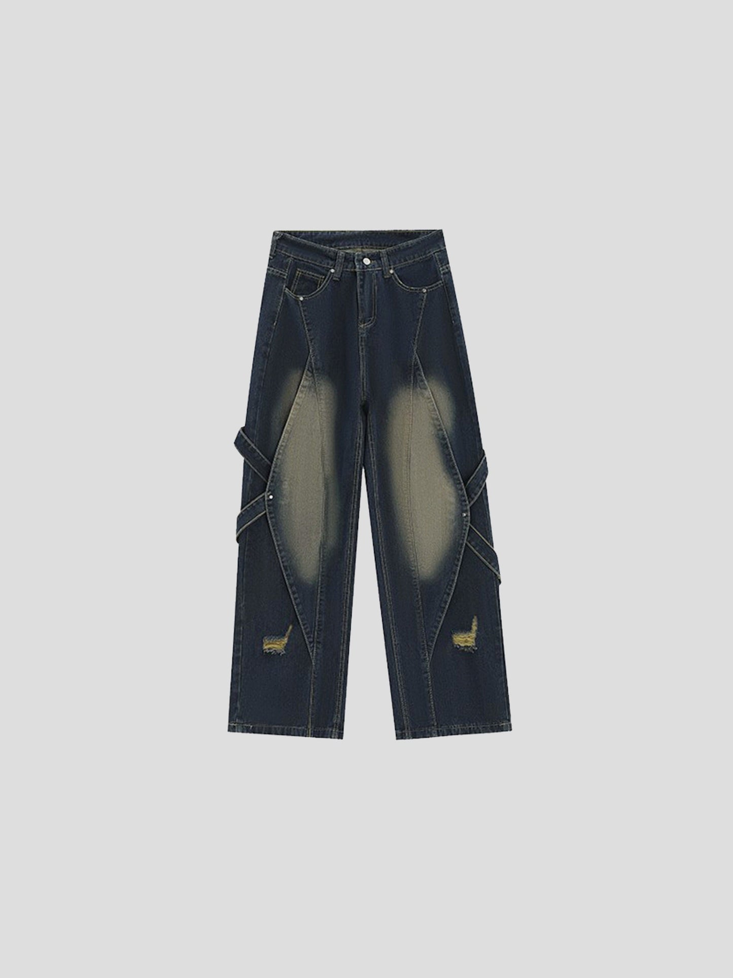 Vintage Wash Patchwork Design Relaxed Straight Denim Pants [ID:0295PA]