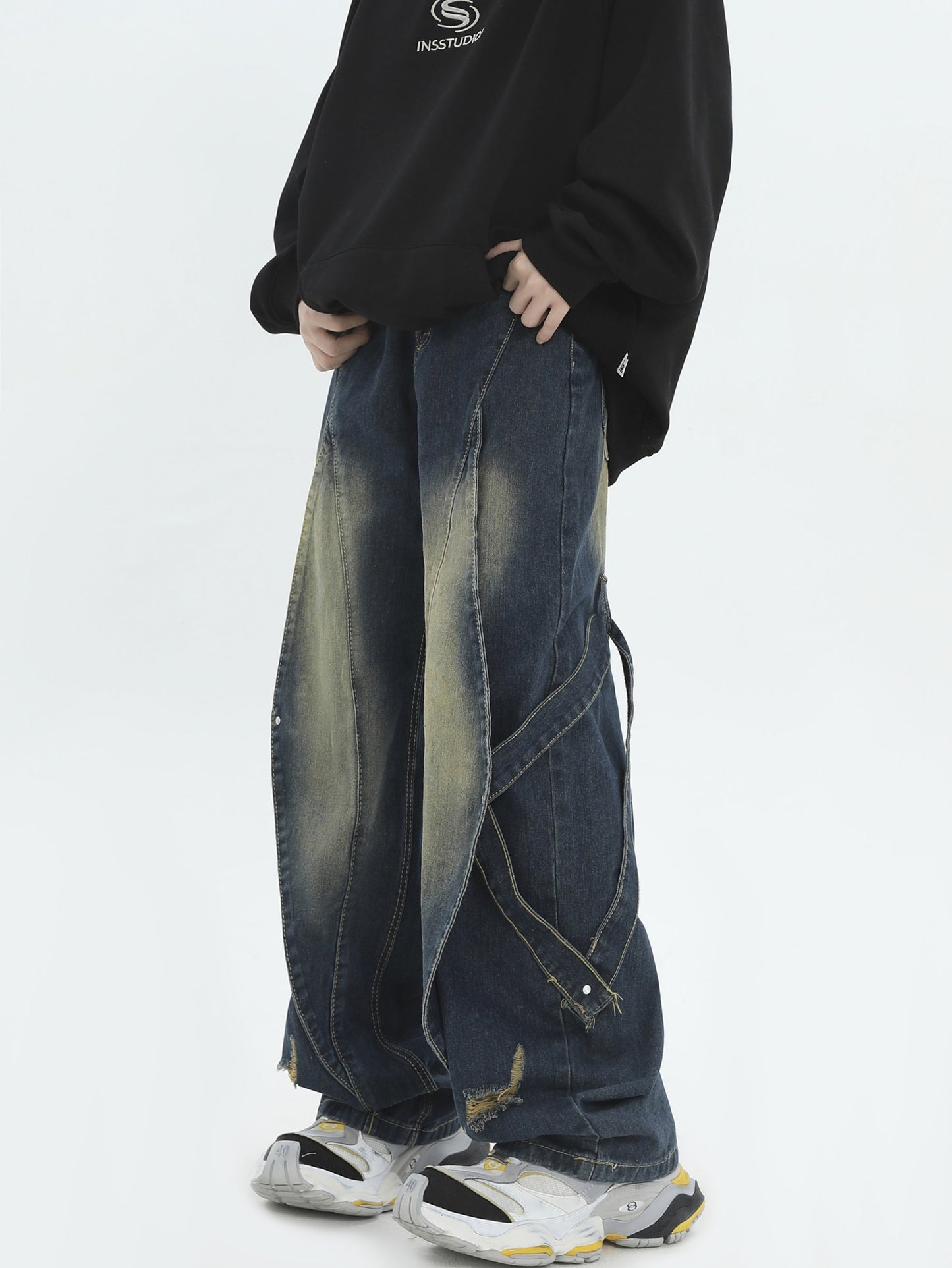 Vintage Wash Patchwork Design Relaxed Straight Denim Pants [ID:0295PA]