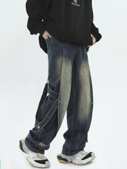 Vintage Wash Patchwork Design Relaxed Straight Denim Pants [ID:0295PA]