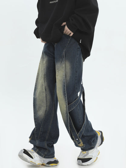 Vintage Wash Patchwork Design Relaxed Straight Denim Pants [ID:0295PA]