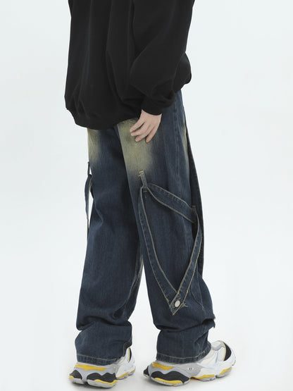 Vintage Wash Patchwork Design Relaxed Straight Denim Pants [ID:0295PA]