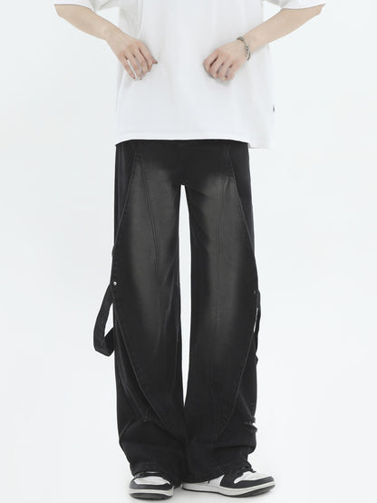 Vintage Wash Patchwork Design Relaxed Straight Denim Pants [ID:0295PA]