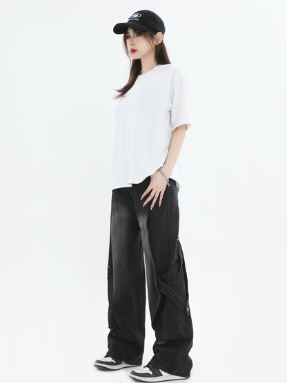 Vintage Wash Patchwork Design Relaxed Straight Denim Pants [ID:0295PA]