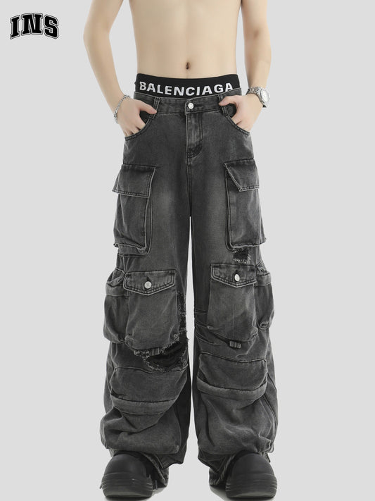 Distressed Utility Pocket Wide-Leg Denim Pants [ID:0297PA]