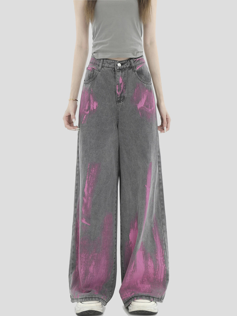 Vintage Graffiti Washed Loose Straight Wide-Leg Jeans [ID:0299PA]