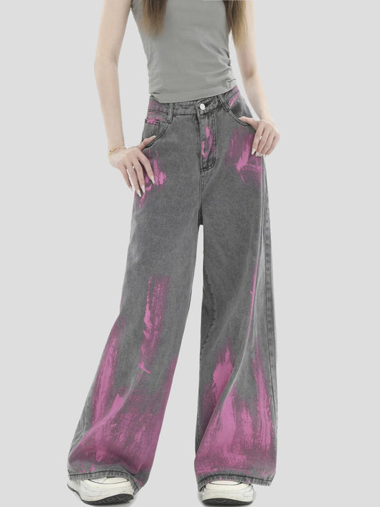 Vintage Graffiti Washed Loose Straight Wide-Leg Jeans [ID:0299PA]