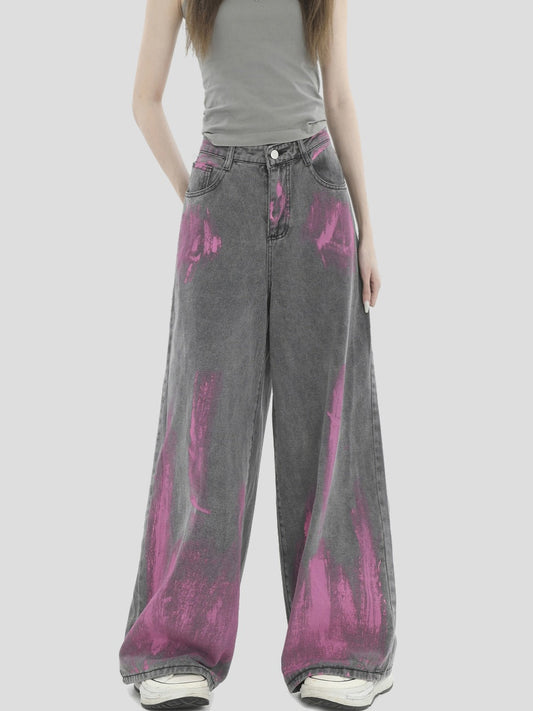 Vintage Graffiti Washed Loose Straight Wide-Leg Jeans [ID:0299PA]