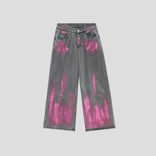 Vintage Graffiti Washed Loose Straight Wide-Leg Jeans [ID:0299PA]