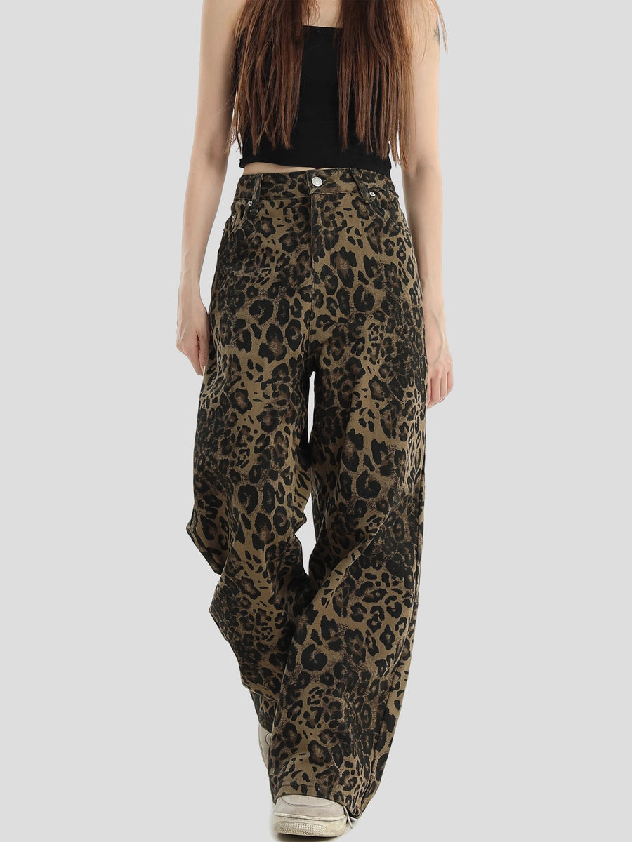 Classic American Washed Leopard Print Loose Straight Jeans [ID:0300PA]