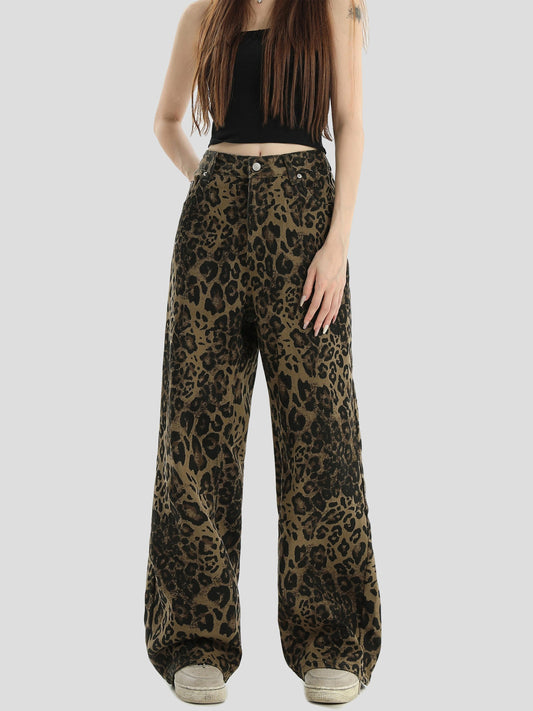 Classic American Washed Leopard Print Loose Straight Jeans [ID:0300PA]