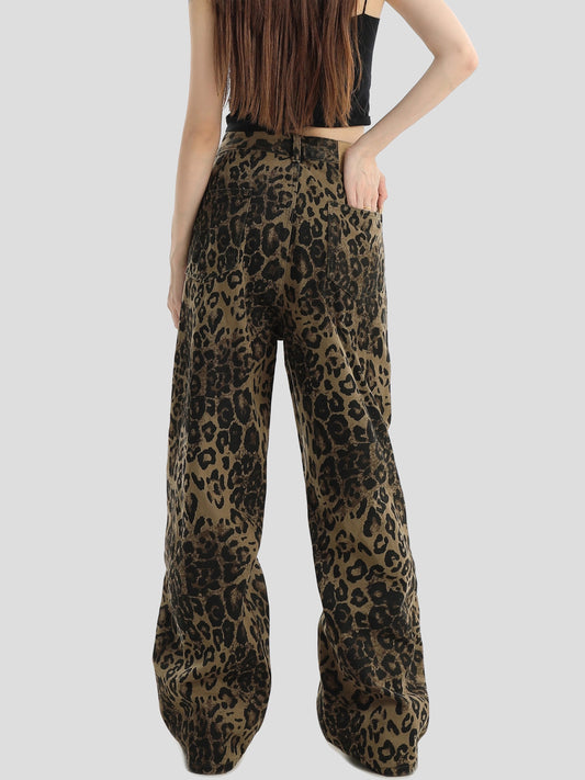 Classic American Washed Leopard Print Loose Straight Jeans [ID:0300PA]