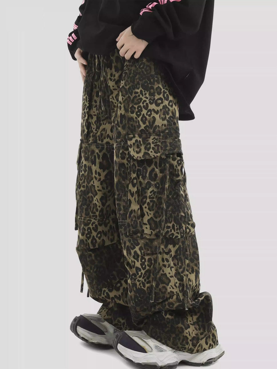 American Leopard Print Oversized Pocket Wide-Leg Cargo Pants [ID:0301PA]