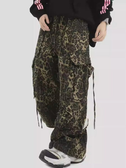 American Leopard Print Oversized Pocket Wide-Leg Cargo Pants [ID:0301PA]