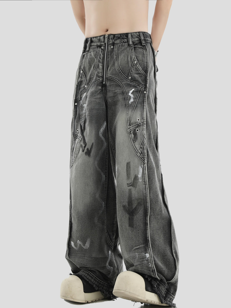 American Irregular Graffiti Loose Wide-Leg Niche Jeans [ID:0302PA]