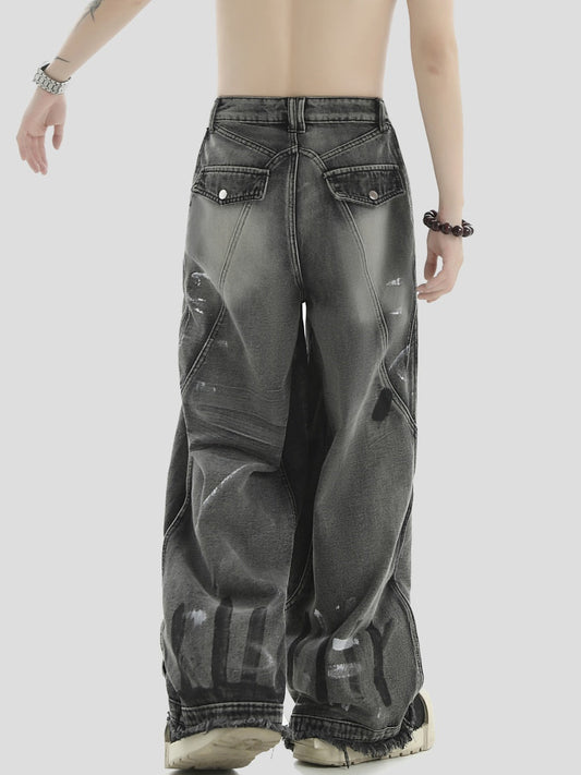 American Irregular Graffiti Loose Wide-Leg Niche Jeans [ID:0302PA]