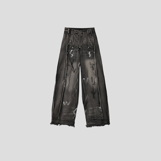 American Irregular Graffiti Loose Wide-Leg Niche Jeans [ID:0302PA]