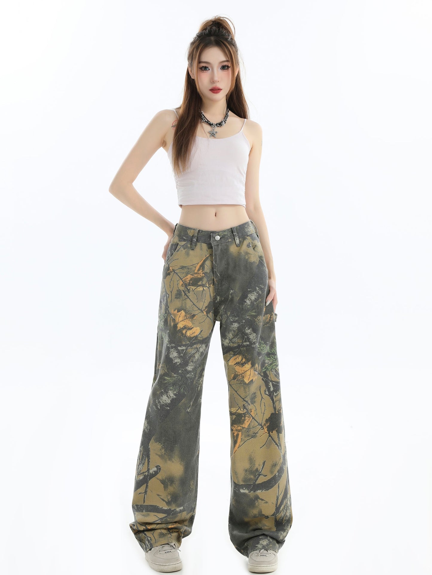 Branch Camo Unisex Style Loose Straight Denim Pants [ID:0303PA]