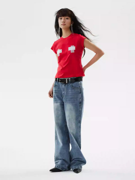 Washed Vintage Straight Flared Denim Pants [ID:0306PA]