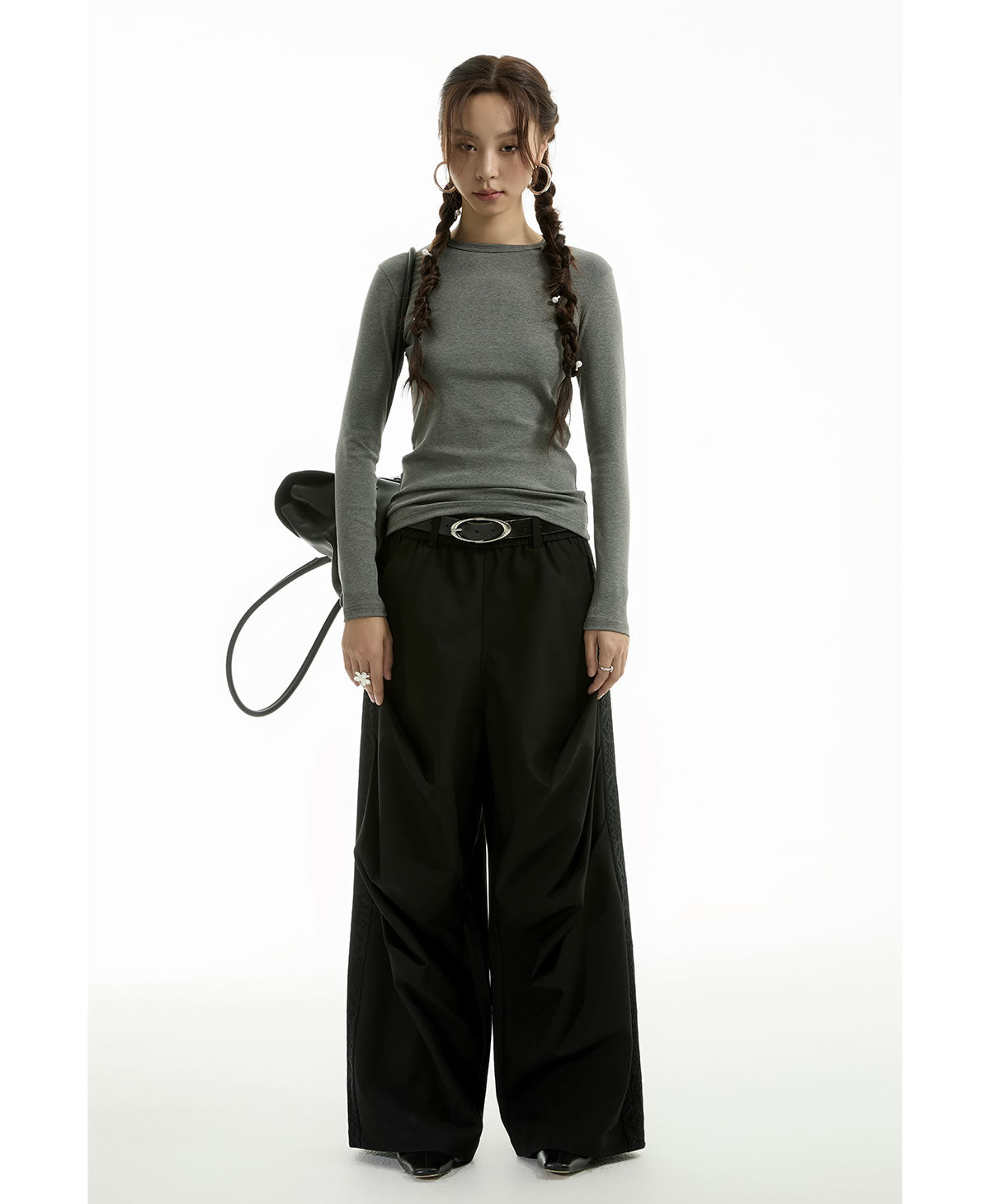 Tapered Pleated Lace Patch Relaxed Tailored Pants [ID:0308PA]