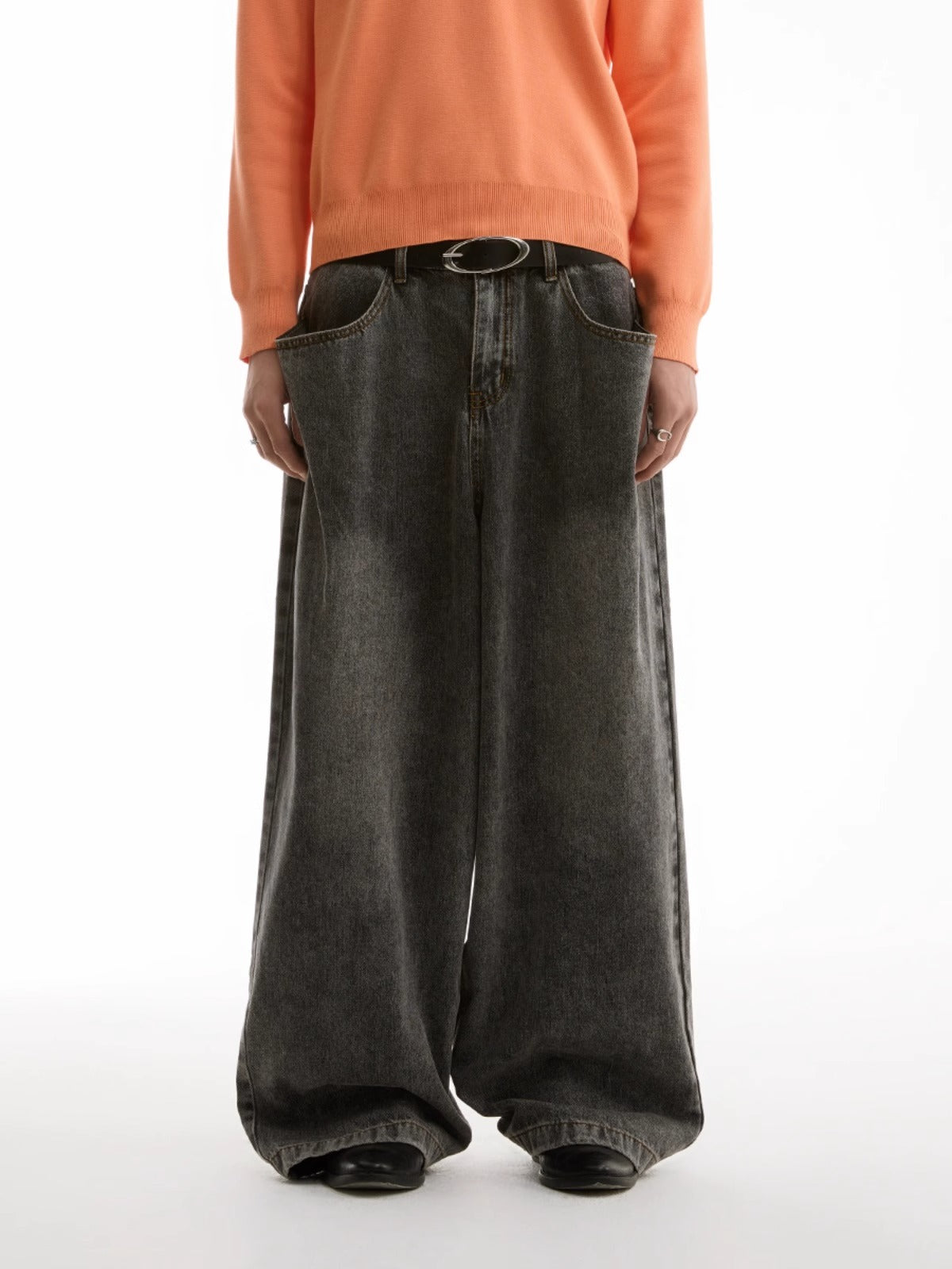 Washed Charcoal Wide Leg Crescent Pockets Denim Pants [ID:0309PA]