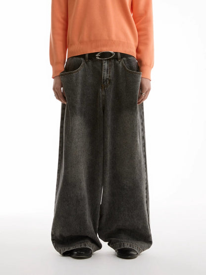 Washed Charcoal Wide Leg Crescent Pockets Denim Pants [ID:0309PA]