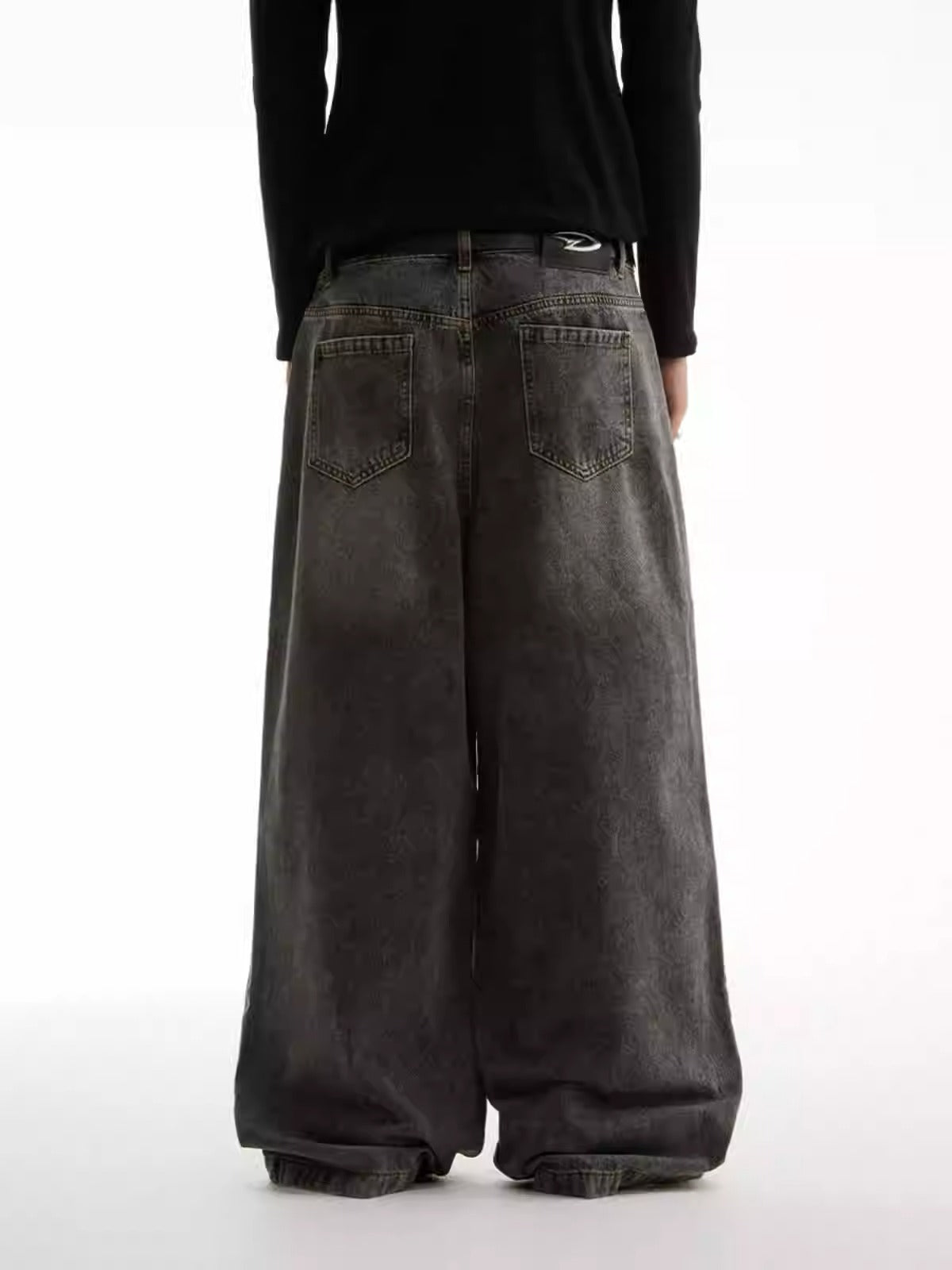 Washed Charcoal Wide Leg Crescent Pockets Denim Pants [ID:0309PA]
