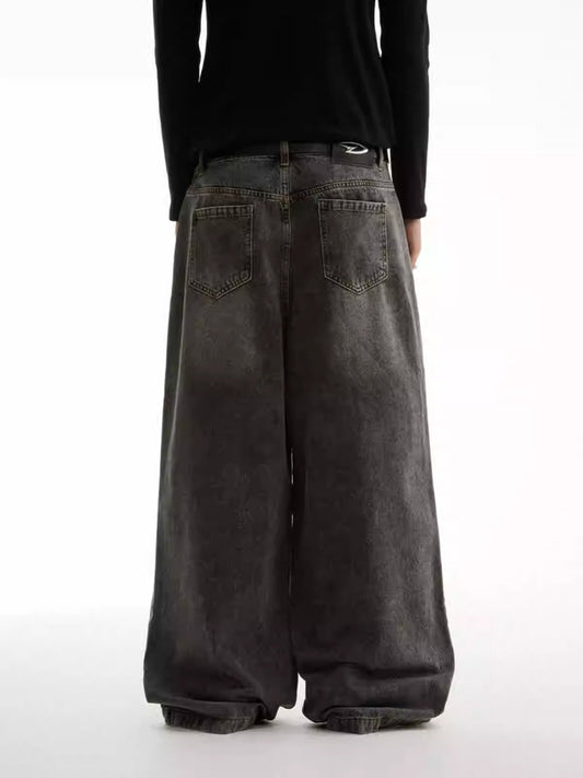 Washed Charcoal Wide Leg Crescent Pockets Denim Pants [ID:0309PA]