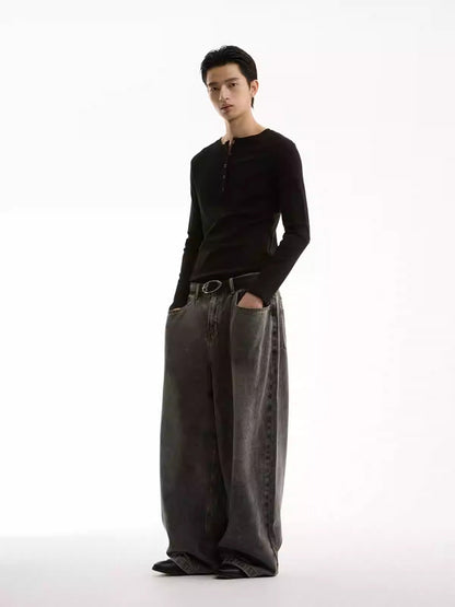Washed Charcoal Wide Leg Crescent Pockets Denim Pants [ID:0309PA]