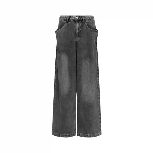 Washed Charcoal Wide Leg Crescent Pockets Denim Pants [ID:0309PA]