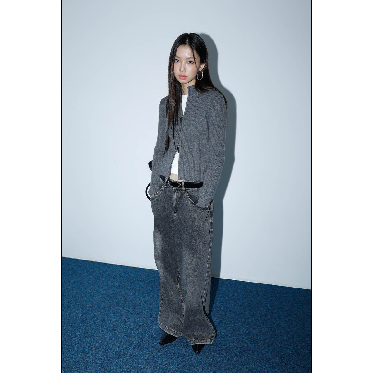 Washed Charcoal Wide Leg Crescent Pockets Denim Pants [ID:0309PA]
