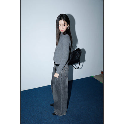 Washed Charcoal Wide Leg Crescent Pockets Denim Pants [ID:0309PA]