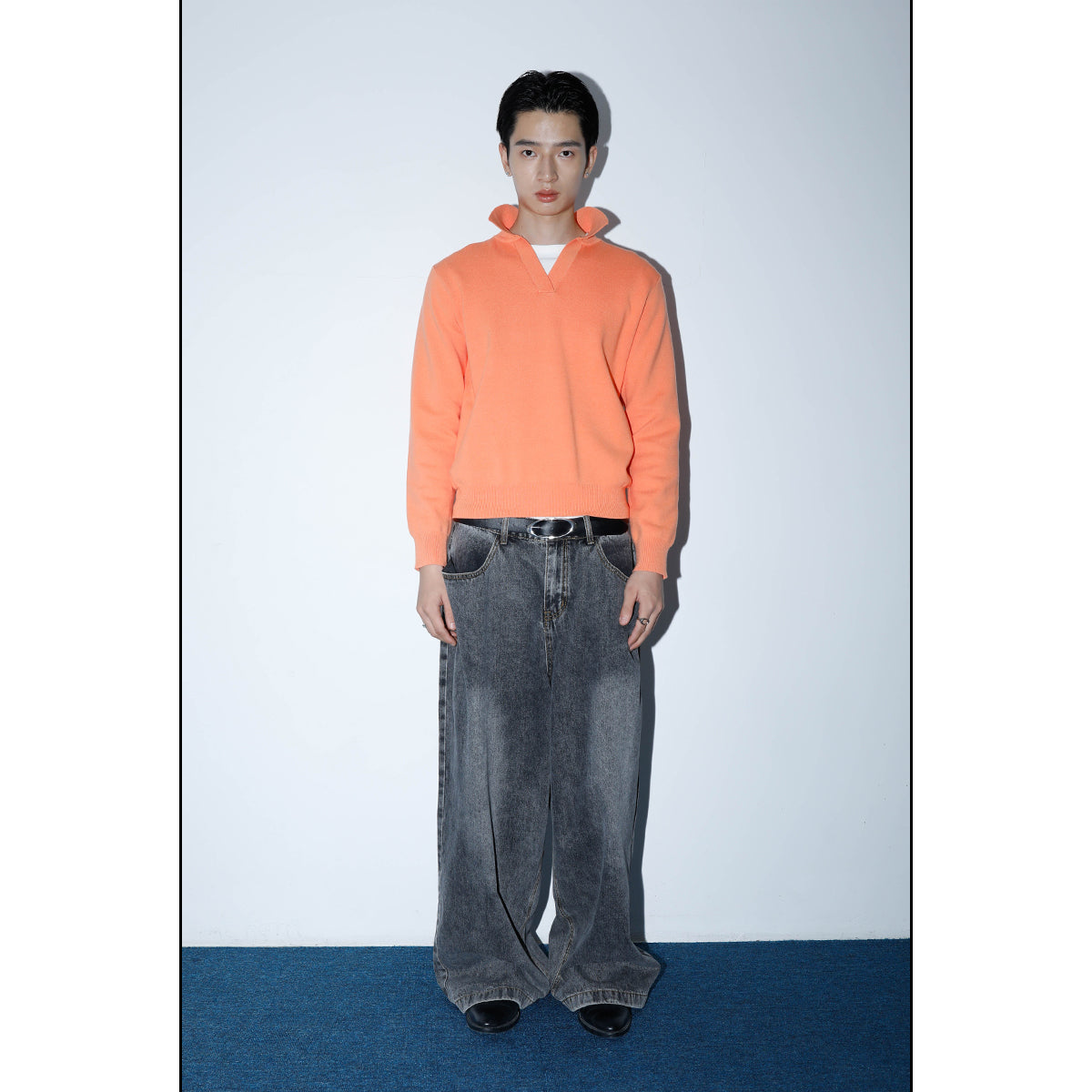 Washed Charcoal Wide Leg Crescent Pockets Denim Pants [ID:0309PA]