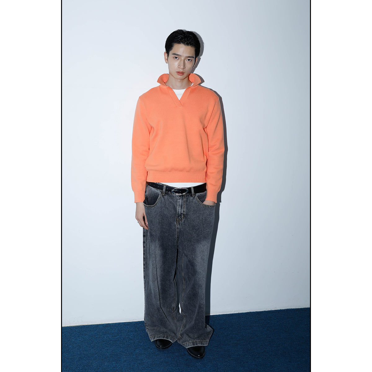Washed Charcoal Wide Leg Crescent Pockets Denim Pants [ID:0309PA]