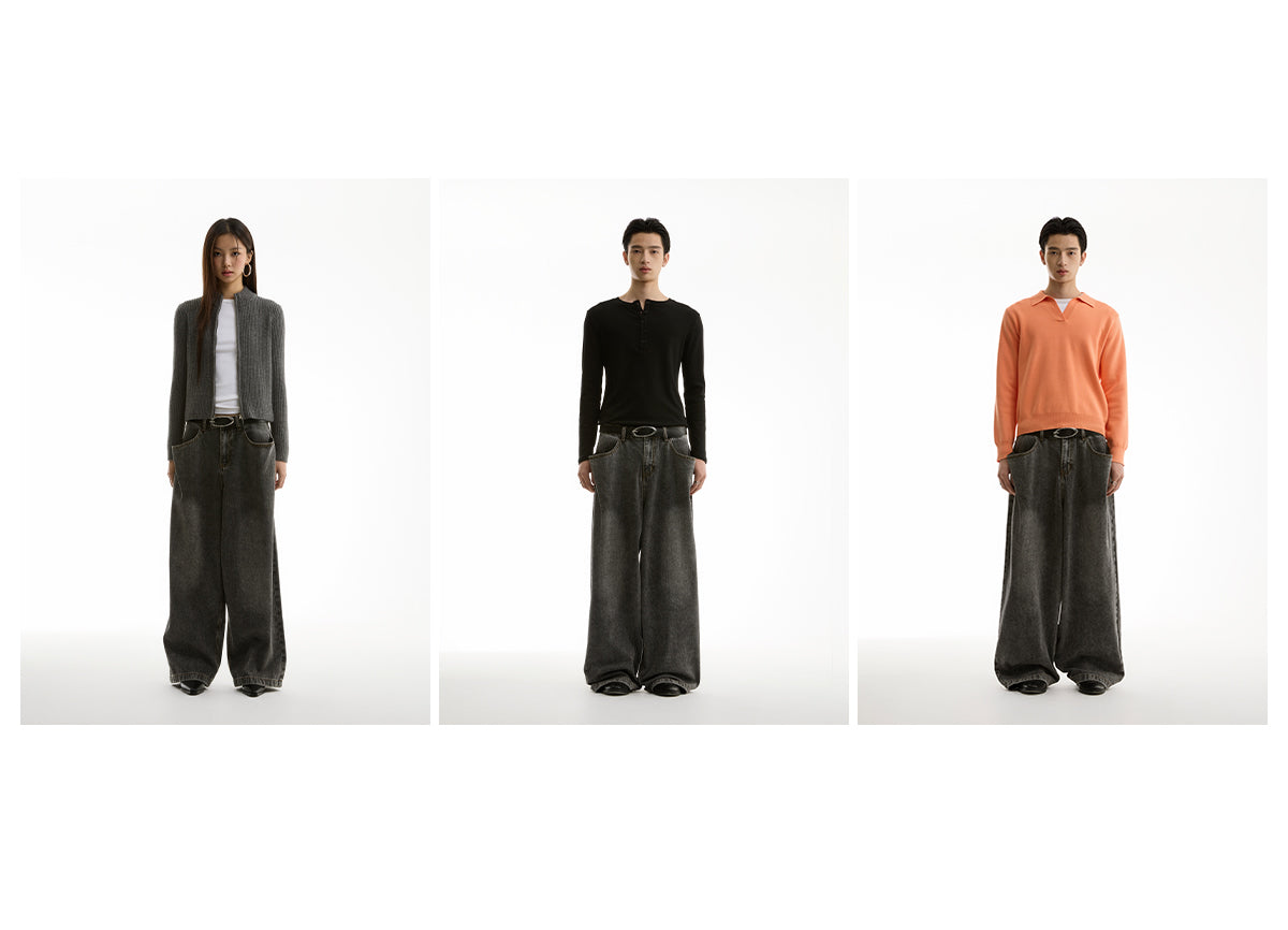 Washed Charcoal Wide Leg Crescent Pockets Denim Pants [ID:0309PA]
