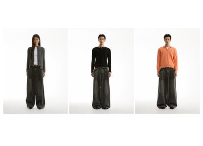 Washed Charcoal Wide Leg Crescent Pockets Denim Pants [ID:0309PA]
