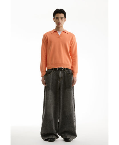 Washed Charcoal Wide Leg Crescent Pockets Denim Pants [ID:0309PA]