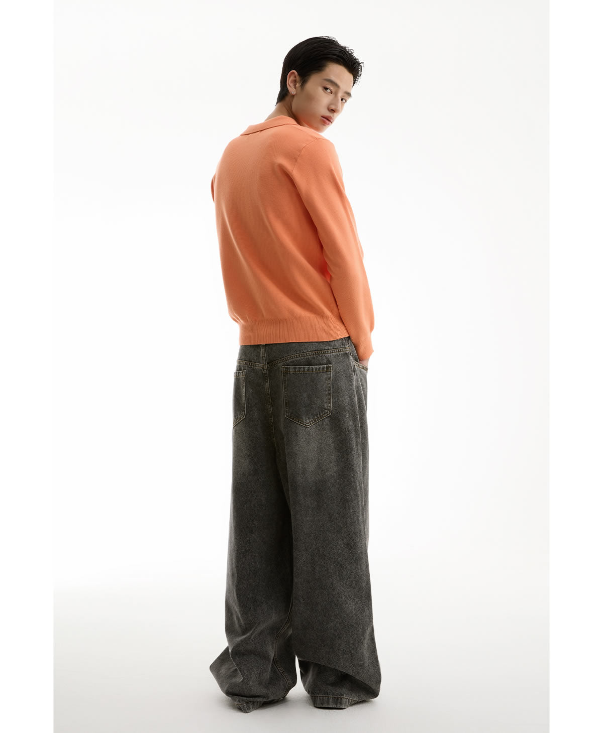 Washed Charcoal Wide Leg Crescent Pockets Denim Pants [ID:0309PA]