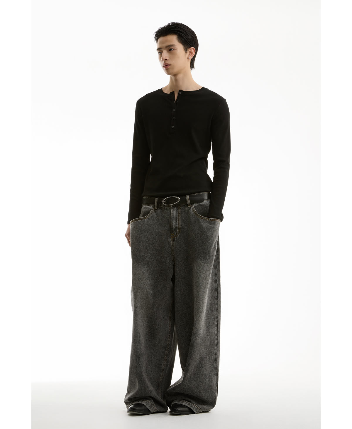 Washed Charcoal Wide Leg Crescent Pockets Denim Pants [ID:0309PA]