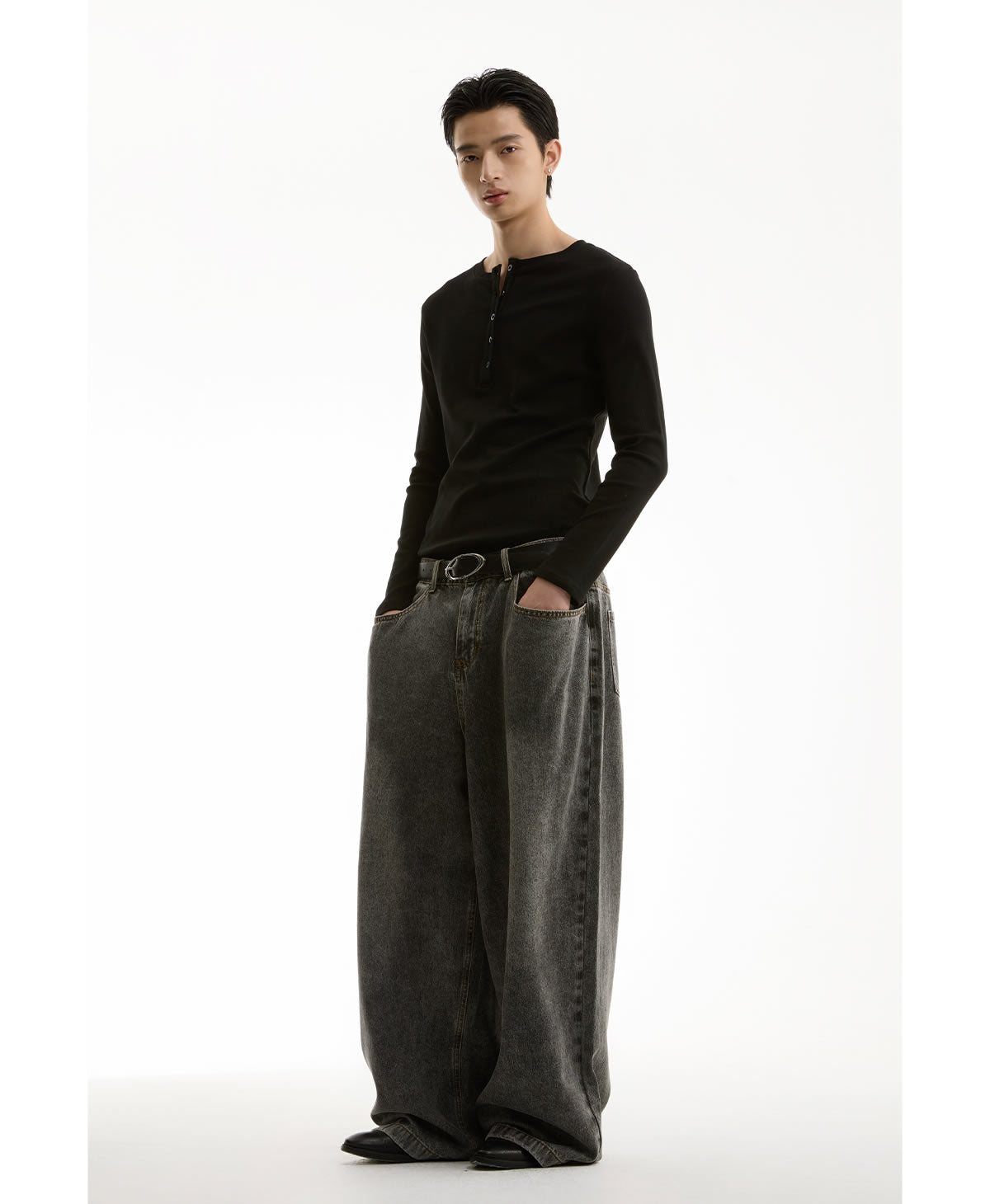 Washed Charcoal Wide Leg Crescent Pockets Denim Pants [ID:0309PA]