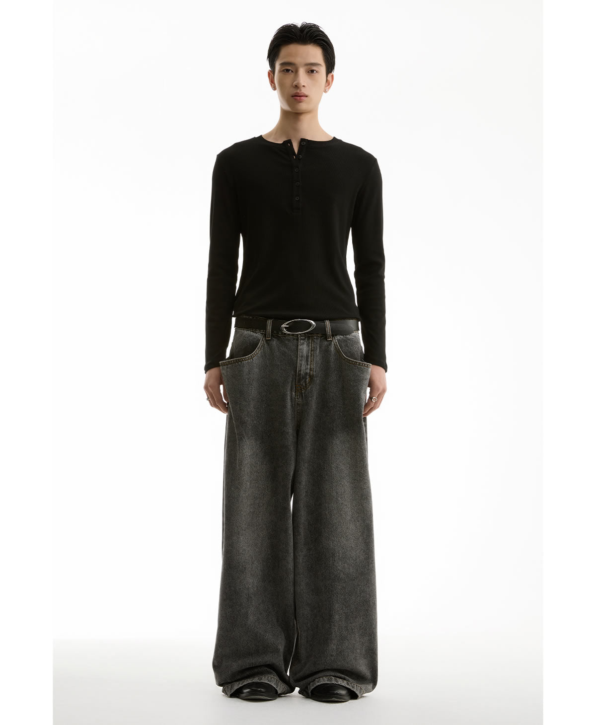 Washed Charcoal Wide Leg Crescent Pockets Denim Pants [ID:0309PA]