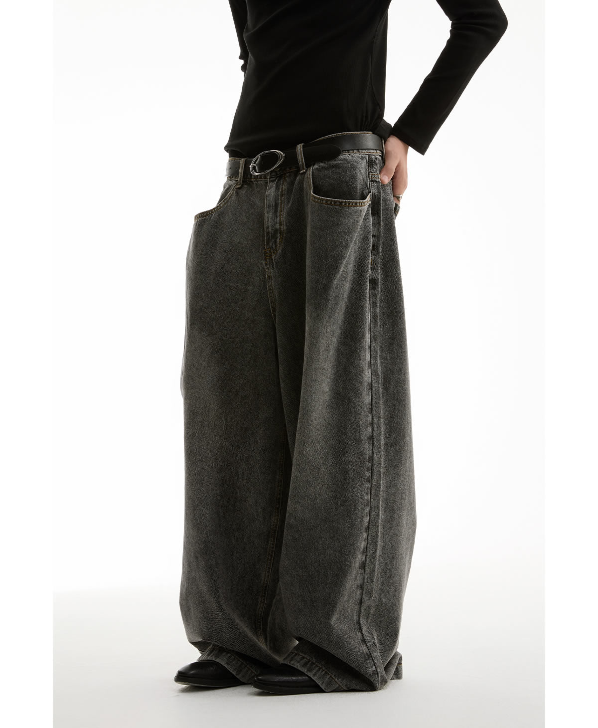 Washed Charcoal Wide Leg Crescent Pockets Denim Pants [ID:0309PA]