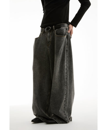 Washed Charcoal Wide Leg Crescent Pockets Denim Pants [ID:0309PA]