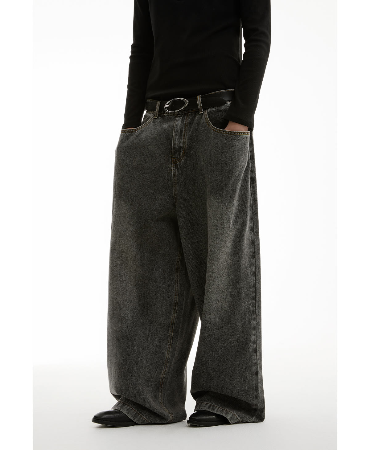 Washed Charcoal Wide Leg Crescent Pockets Denim Pants [ID:0309PA]