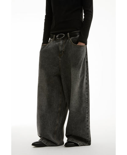 Washed Charcoal Wide Leg Crescent Pockets Denim Pants [ID:0309PA]